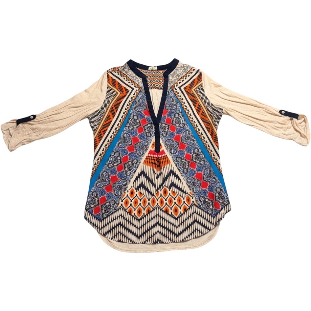 Anthropologie Tiny Mixed Print Boho Blouse Multi-Color Roll Tab Sleeve Medium